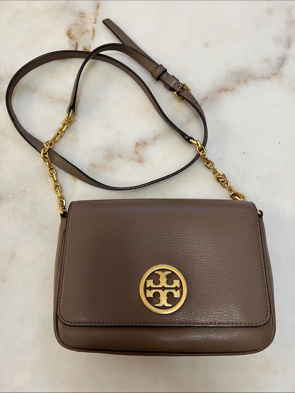 Tory Burch Taupe Leather Crossbody with Gold Logo